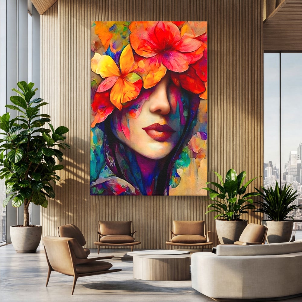 Tablou canvas cu tablou canvas cu portret feminin si flori, fara rama, pe sasiu de lemn, pe perete intr-un birou